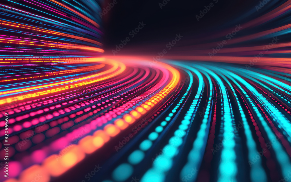 Poster abstract digital background with vibrant neon lines and dots, showcasing futuristic technology and d