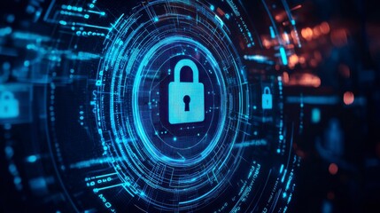 Obraz premium Digital background with pixelated lock and data protection symbols on a blue digital screen