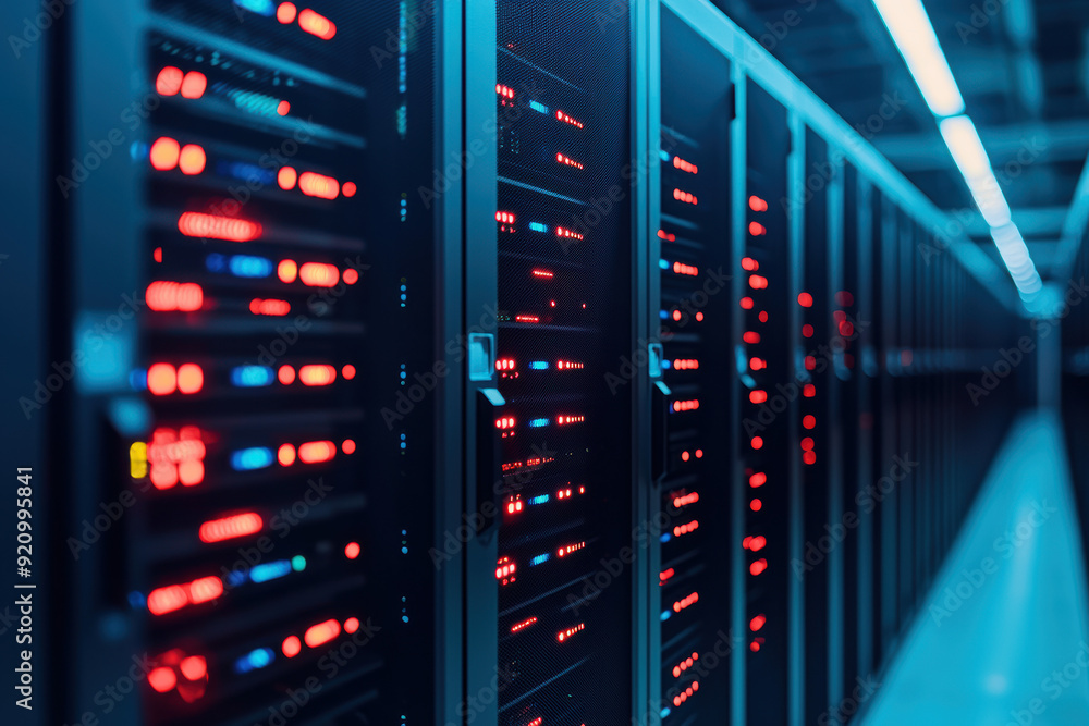 Poster modern data center with server racks lined up, illuminated with blue and red led lights, showcasing 