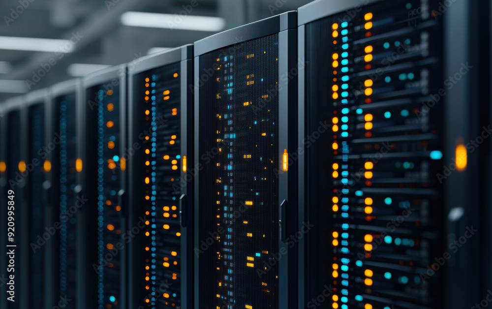 Poster modern data center with rows of network servers showcasing glowing led lights, representing advanced