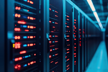 Modern data center with server racks lined up, illuminated with blue and red LED lights, showcasing advanced technology infrastructure.