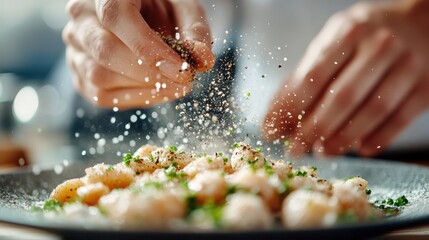 Hands of a chef skillfully season a dish of gnocchi with fresh herbs and spices, capturing the essence of culinary finesse and the importance of using quality ingredients.
