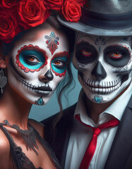 Halloween Gothic couple portrait skeleton, La Katrina with flowers and tattoo