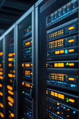Close-up shot of server racks in a data center, illuminated by orange and blue lights, showcasing modern technology infrastructure.