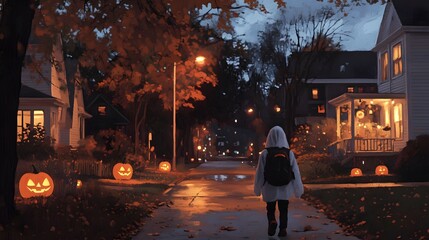 A child dressed in a Halloween costume walks down a beautifully decorated street at dusk with carved pumpkins lighting the way.