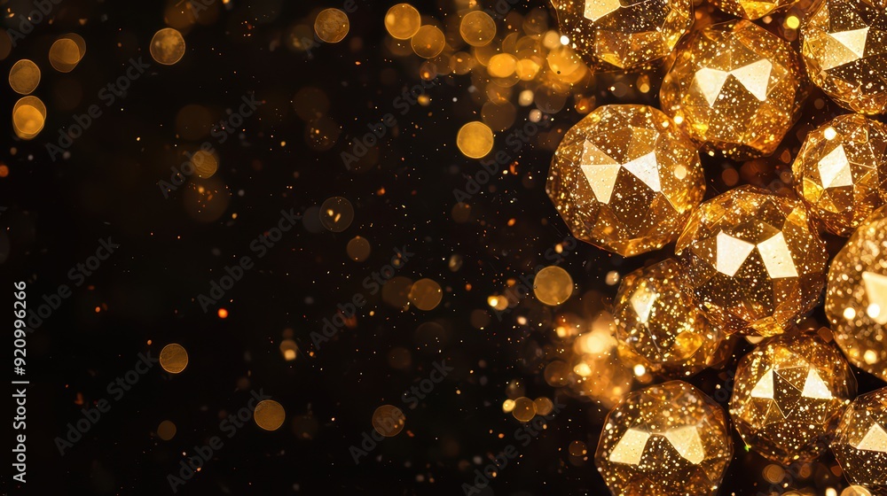 Poster a stunning display of shimmering golden orbs against a dark background, perfect for adding elegance 