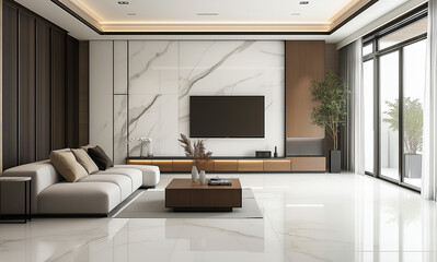 a living room with a tv on the wall and a couch with a tv on it