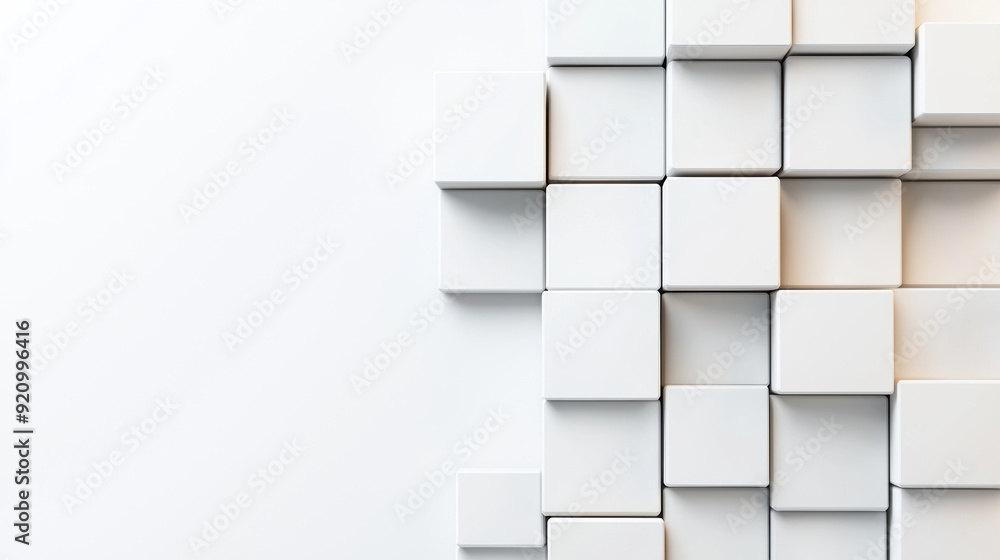 Poster abstract background with white cubes arranged in an artistic pattern on a clean and minimalistic whi
