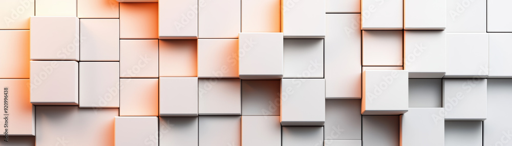 Poster abstract geometric background featuring white cubes and blocks with a gradient of warm light, creati