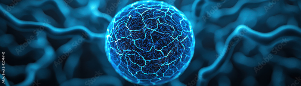 Poster abstract image of a glowing blue neuron with intricate connections, representing neural networks, br