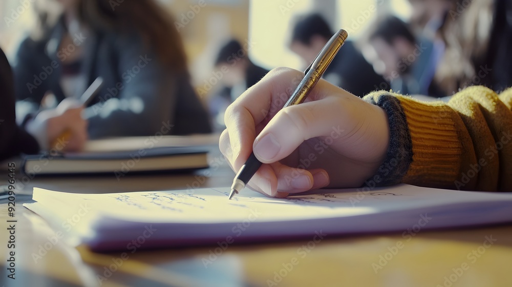 Poster student focusing intently on exam or assignment in classroom