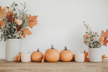 Autumn-themed decor with pumpkins, candles, and floral arrangements on a wooden surface against a white background.