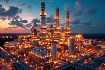 Obraz premium A stunning industrial scene showcasing illuminated power plants against a twilight sky, highlighting energy production in motion.