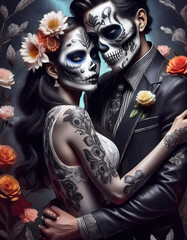 Halloween Gothic couple portrait skeleton, La Katrina with flowers and tattoo