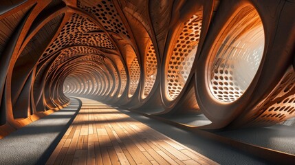 Modern art wooden corridor design. A long wooden passage. A perspective disappearing into the...