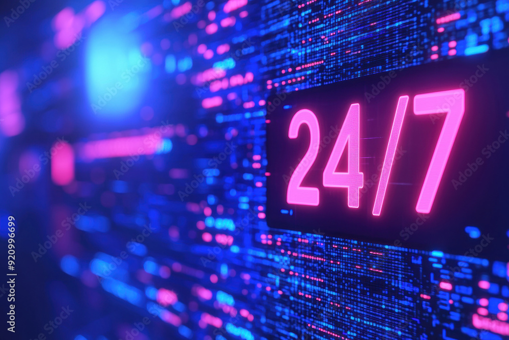 Poster A glowing 24/7 sign amidst digital data streams, representing constant availability and round-the-clock service in a futuristic technology setting.