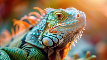Fototapeta premium A colorful iguana is showcased basking in the warm sunlight, highlighting its intricate and richly detailed scales, giving insight into its natural habitat and beauty.