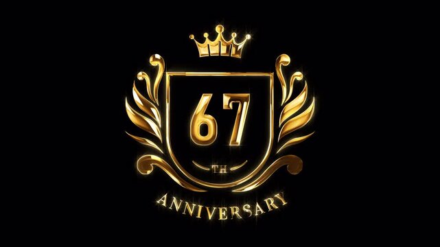 67th Anniversary Celebration. Happy 67 Years Anniversary Animation in Gold Color on the Transparent Background, Alpha Channel. Great for greetings, celebrations, events, and gifts.
