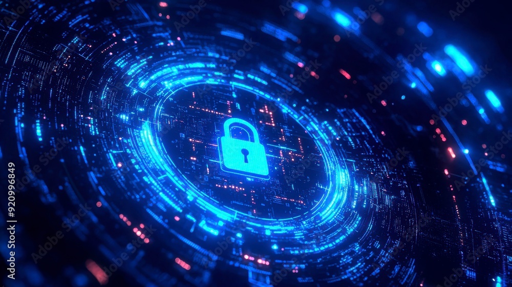 Poster digital background with pixelated lock and data protection symbols on a blue digital screen
