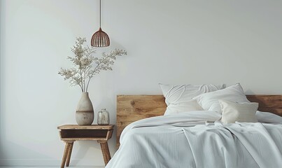 Minimalist bedroom with an empty bedside shelf.