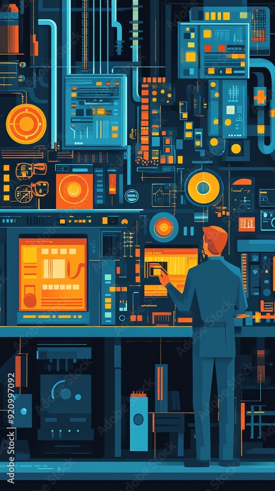Poster Man working at a digital control panel.