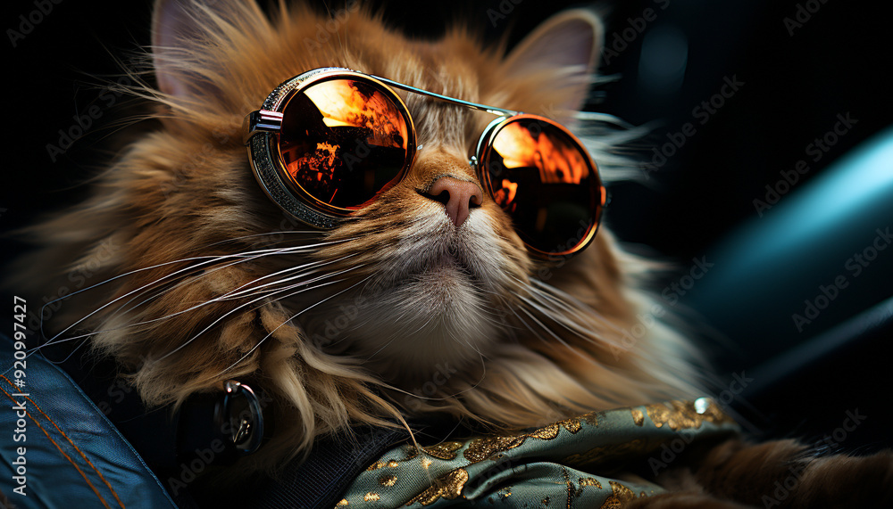 Poster Cute dog and cat wearing sunglasses, looking at camera outdoors generated by AI