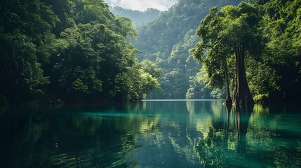 Lush Green Rainforest Reflecting in Serene Turquoise Lake Surrounded by Towering Mountains