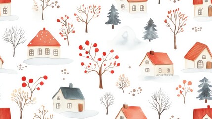 Fototapeta premium Seamless pattern of colorful winter houses and snow-covered trees in a snowy landscape. Cozy holiday village design.