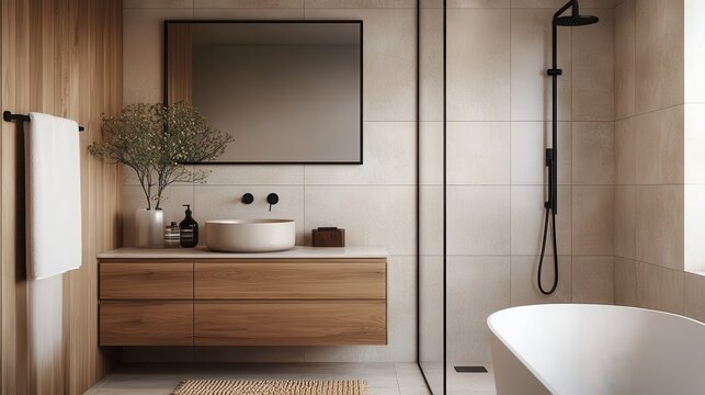 A beautifully designed modern minimalist bathroom featuring sleek wooden accents and fixtures, including a vessel sink, a spacious mirror, and a walk-in shower.