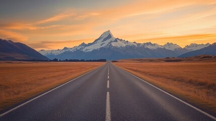 Asphalt Road Leading Towards Snow-Capped Mountains at Sunset