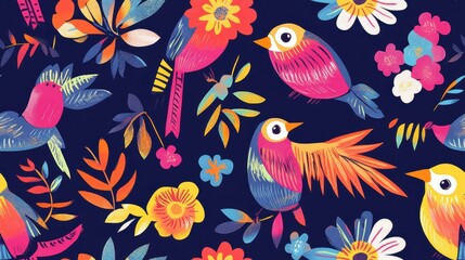 Obraz premium Playful seamless pattern featuring colorful birds and flowers on a dark background. Perfect for children's designs, stationery, or vibrant decor.