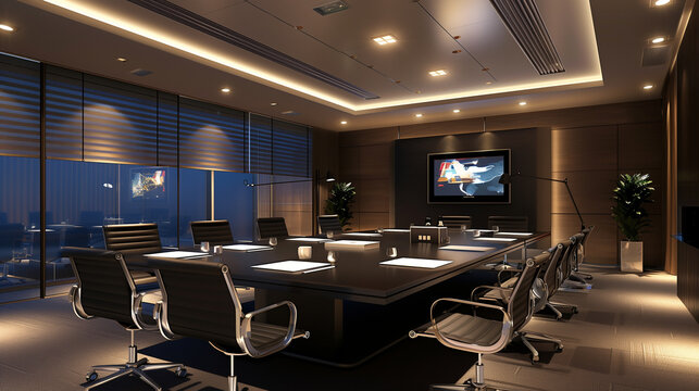 a modern meeting room with a large conference table, state-of-the-art AV equipment, and comfortable seating, modern conference office background 