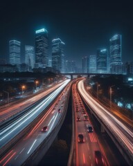 Naklejka premium Nighttime Cityscape with Traffic Trails