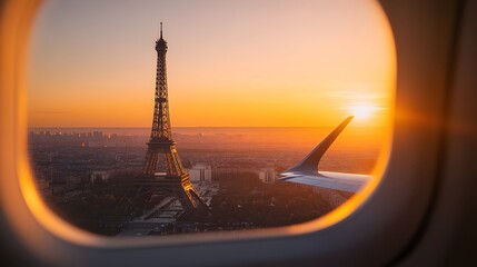 Stunning Sunset View of Eiffel Tower from Airplane Window in Paris,France