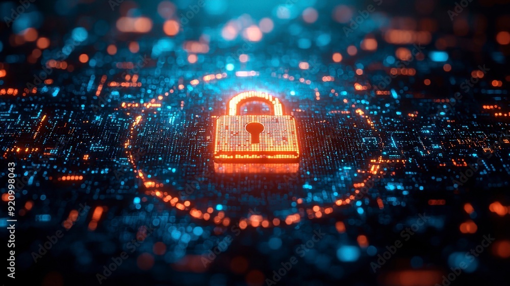 Poster digital background with pixelated lock and data protection symbols on a blue digital screen
