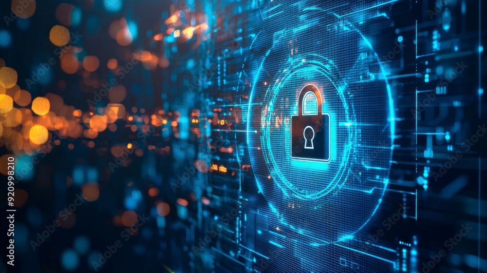 Poster digital background with pixelated lock and data protection symbols on a blue digital screen
