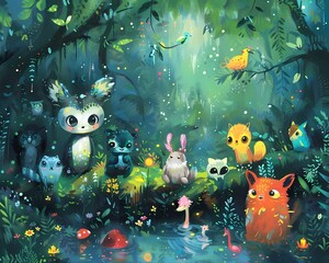 A whimsical forest scene features a variety of cute, wide-eyed animals and birds gathered near a small pond with lush vegetation around them. Brightly colored flowers, mushrooms, and leaves contribute