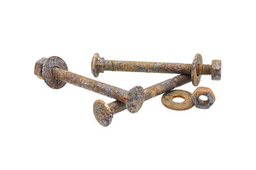 three old bolt and nut is rusty  on white background closeup,isolated