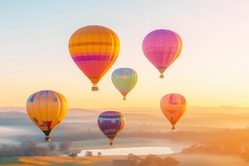 Fototapeta premium Colorful hot air balloons floating above a scenic landscape, creating a vibrant and festive atmosphere.