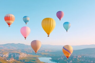 Colorful hot air balloons floating over a misty landscape at sunrise, creating a serene and dreamy atmosphere.