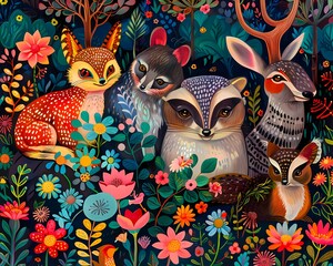 A whimsical forest scene features a variety of cute, wide-eyed animals and birds gathered near a small pond with lush vegetation around them. Brightly colored flowers, mushrooms, and leaves contribute