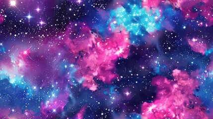 Seamless pattern of the outer space with galaxies and stars, dark pink and purple colors