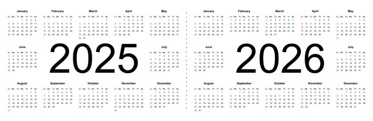 Calendar 2025, 2026. Week starts from Sunday, business template. Isolated vector illustration on white background.