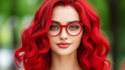 Fototapeta premium A woman with red hair and green eyes is wearing glasses. She has a smile on her face and is looking directly at the camera