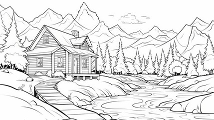 A black and white illustration of a cabin in the mountains with a river.
