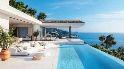 Fototapeta premium A luxurious coastal villa with a stunning infinity pool, offering panoramic ocean views, spacious outdoor living areas, and modern design.