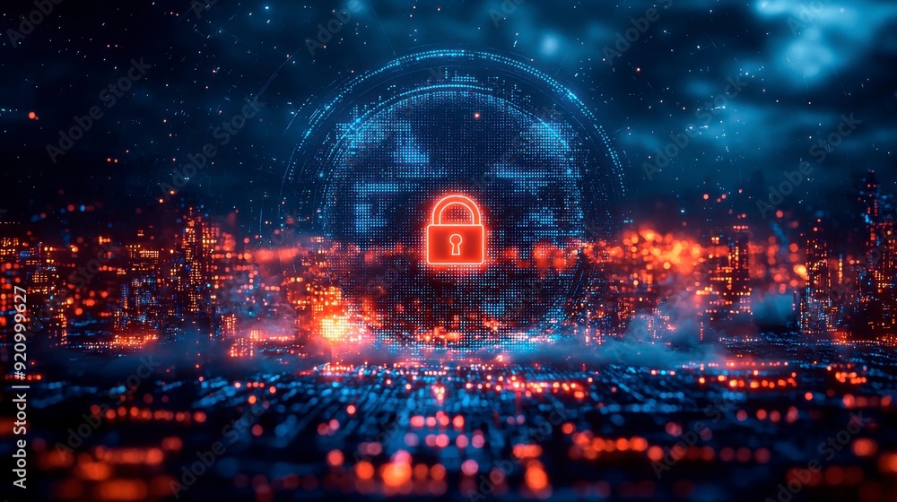 Poster digital background with pixelated lock and data protection symbols on a blue digital screen