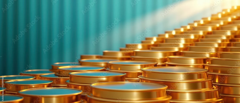 Poster a visual of golden coins stacked neatly, symbolizing wealth and prosperity, illuminated by soft ligh