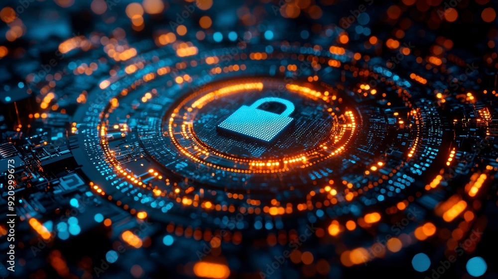 Poster digital background with pixelated lock and data protection symbols on a blue digital screen