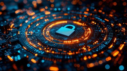 Fototapeta premium Digital background with pixelated lock and data protection symbols on a blue digital screen